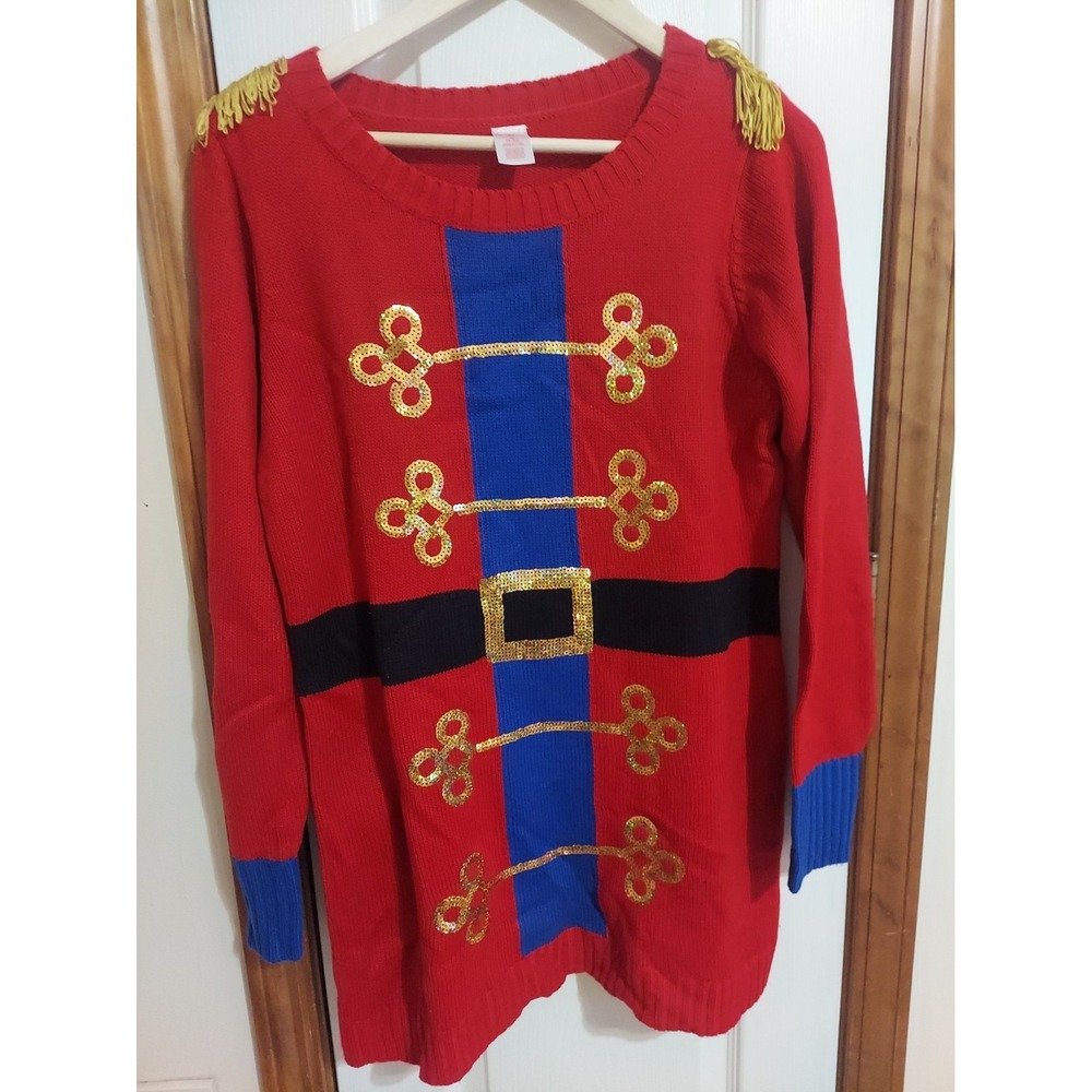 Ugly Christmas Sweater M 8-10 Toy Soldier Nutcracker Tunic Sequins Fringe women